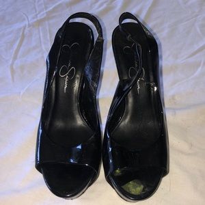 Jessica Simpson 4.5” black pleather heels. Sz 6.5